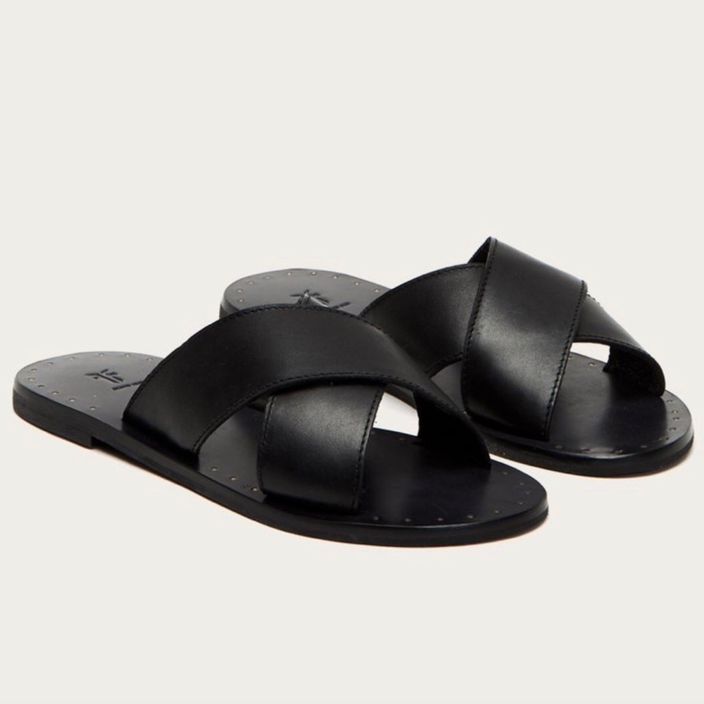 Frye black leather flat Ally crisscross sandals 9